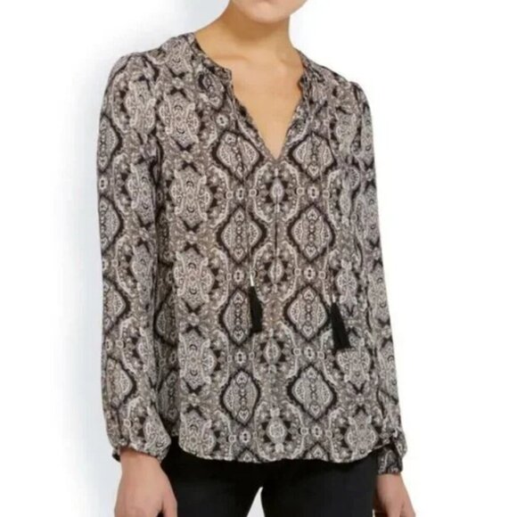 Joie Silk Shirt Womens Small Black V-Neck Long Sleeve Paisley Tassels Calla Top - Picture 2 of 7